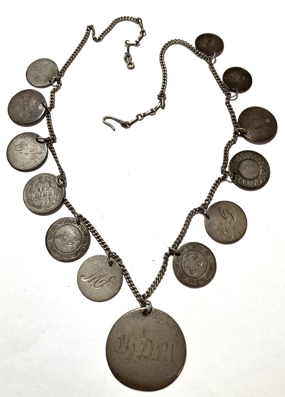 Victorian Love Token Neckless Engraved 1800's Coins  13 coins  18 in