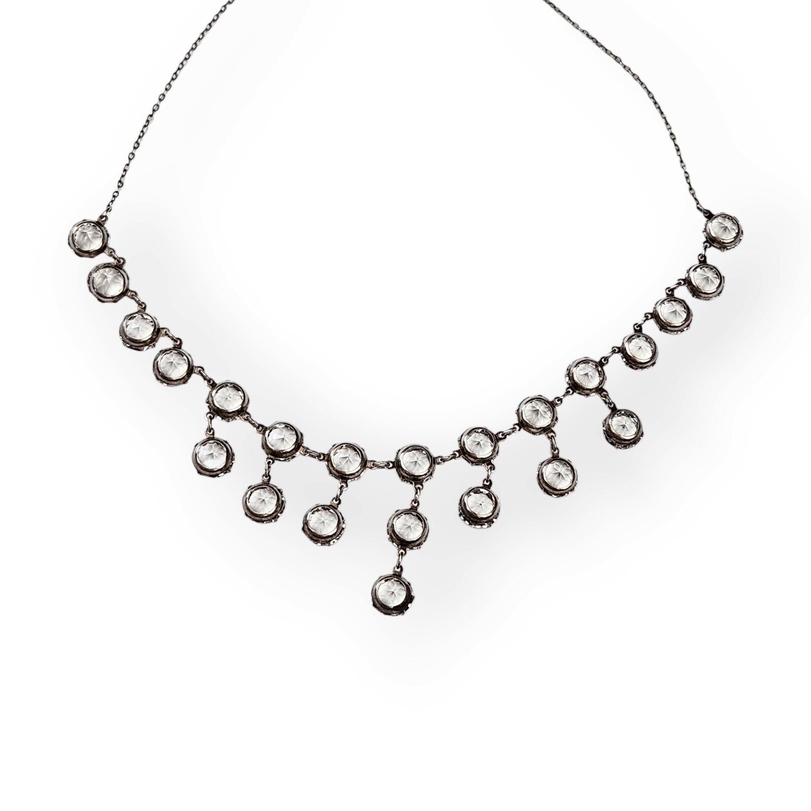 Antique Art Deco Sterling Necklace Clear Crystal Drop Choker 1900s 925 Silver   