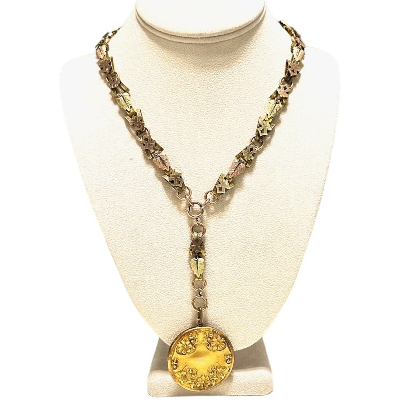 Antique Victorian Womens Necklace Gold Filled Tri Color Book Chain Locket 1800s