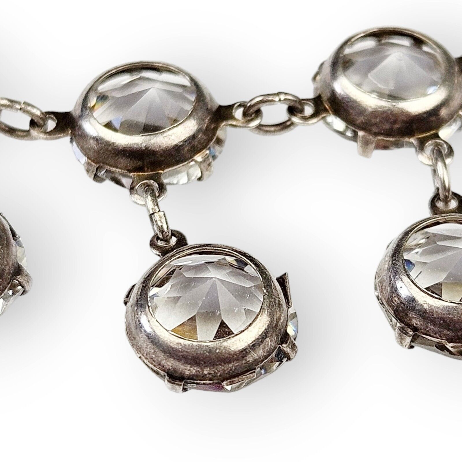 Antique Art Deco Sterling Necklace Clear Crystal Drop Choker 1900s 925 Silver   