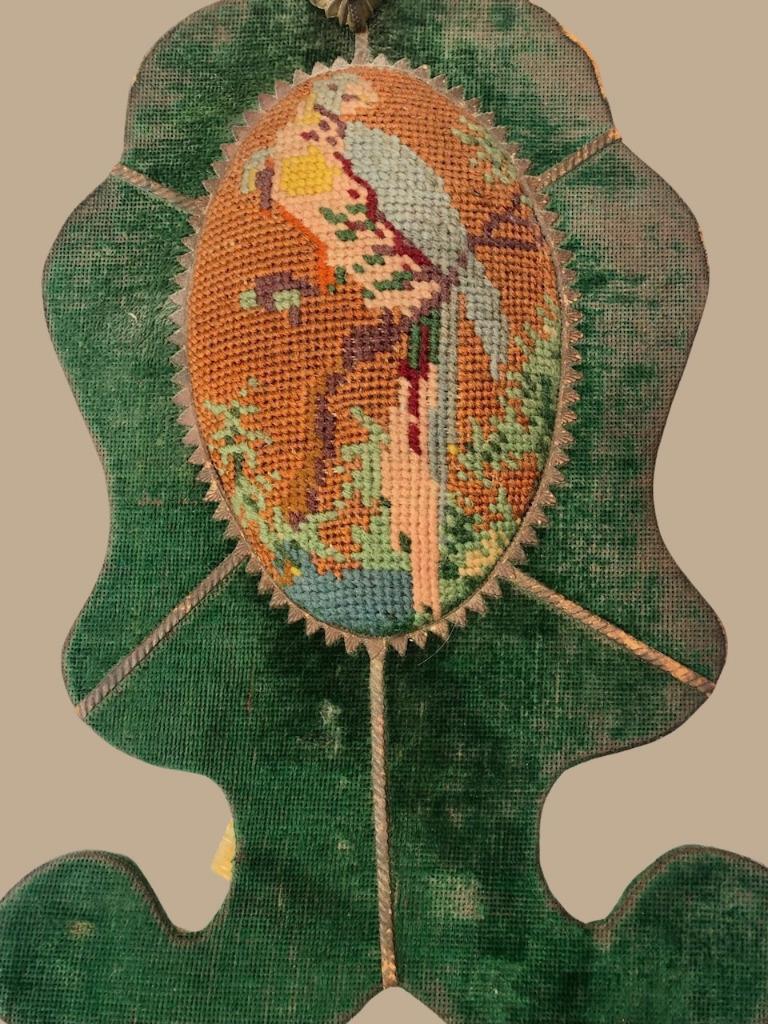 Victorian 1800's Necklace display Easel form w/Hook on Top Needlepoint BIRD RARE