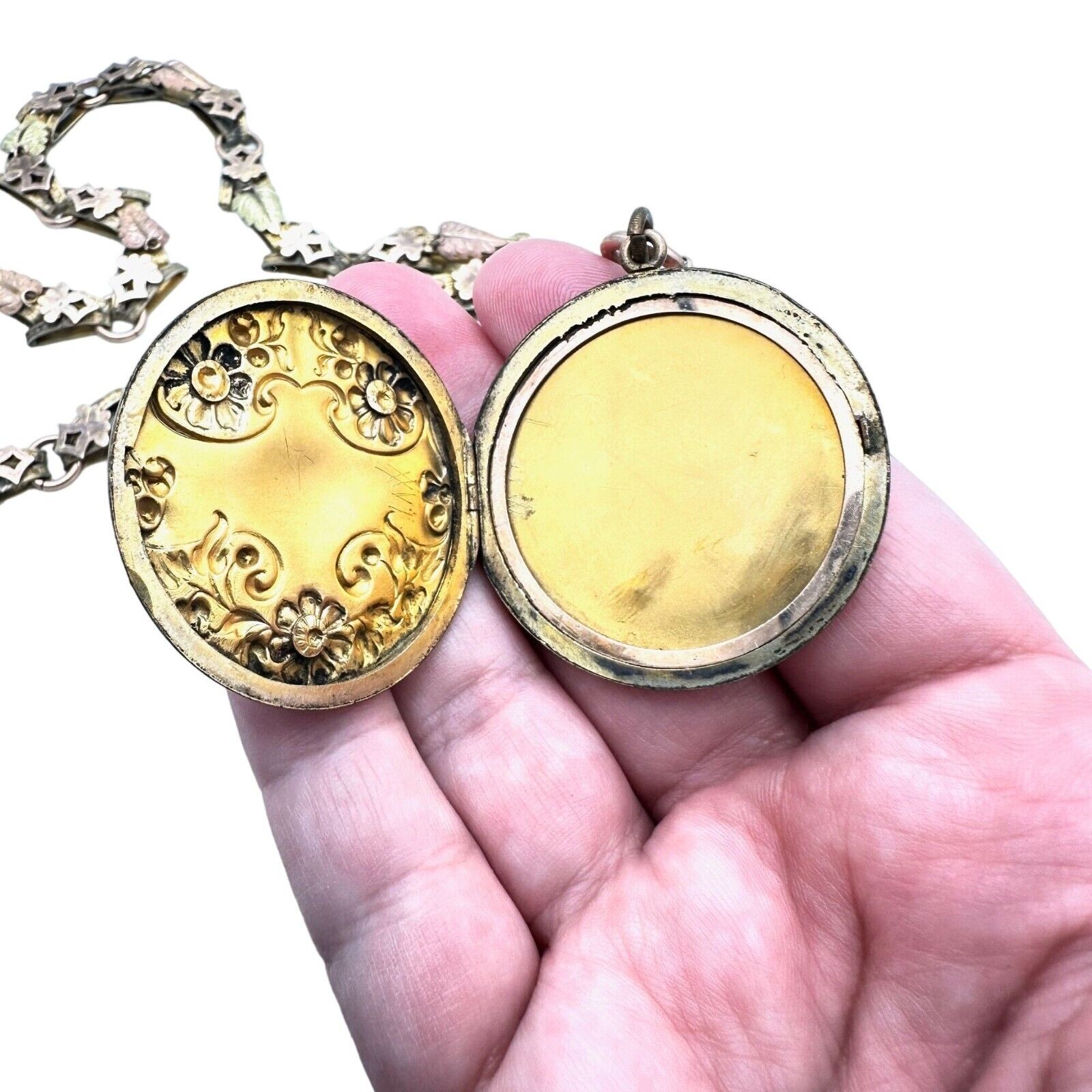 Antique Victorian Womens Necklace Gold Filled Tri Color Book Chain Locket 1800s