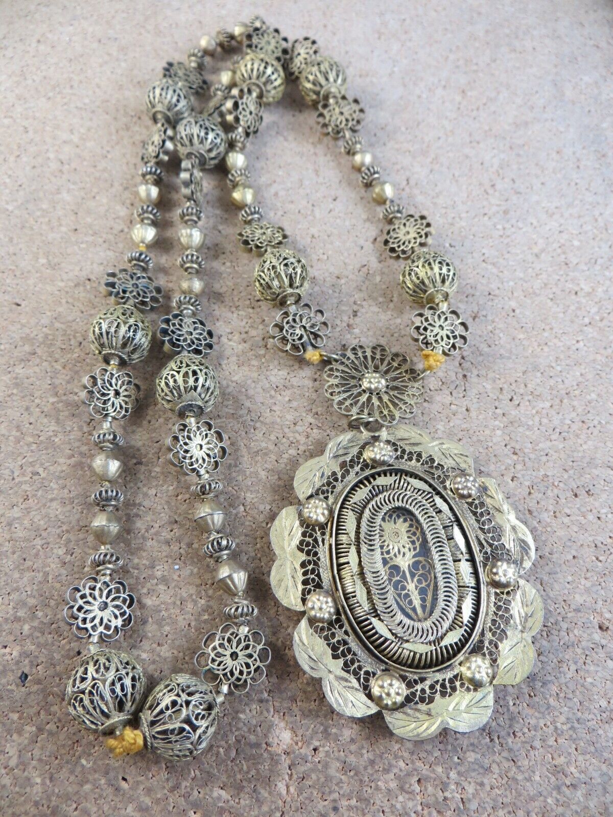 Antique 1800s Spanish Colonial Philippine Filigree Tambourine Necklace #303