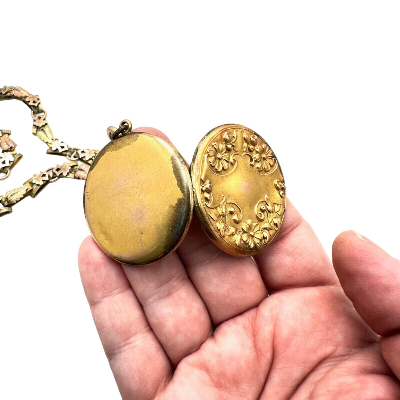 Antique Victorian Womens Necklace Gold Filled Tri Color Book Chain Locket 1800s