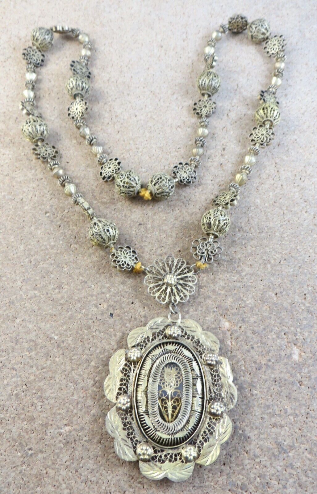 Antique 1800s Spanish Colonial Philippine Filigree Tambourine Necklace #303