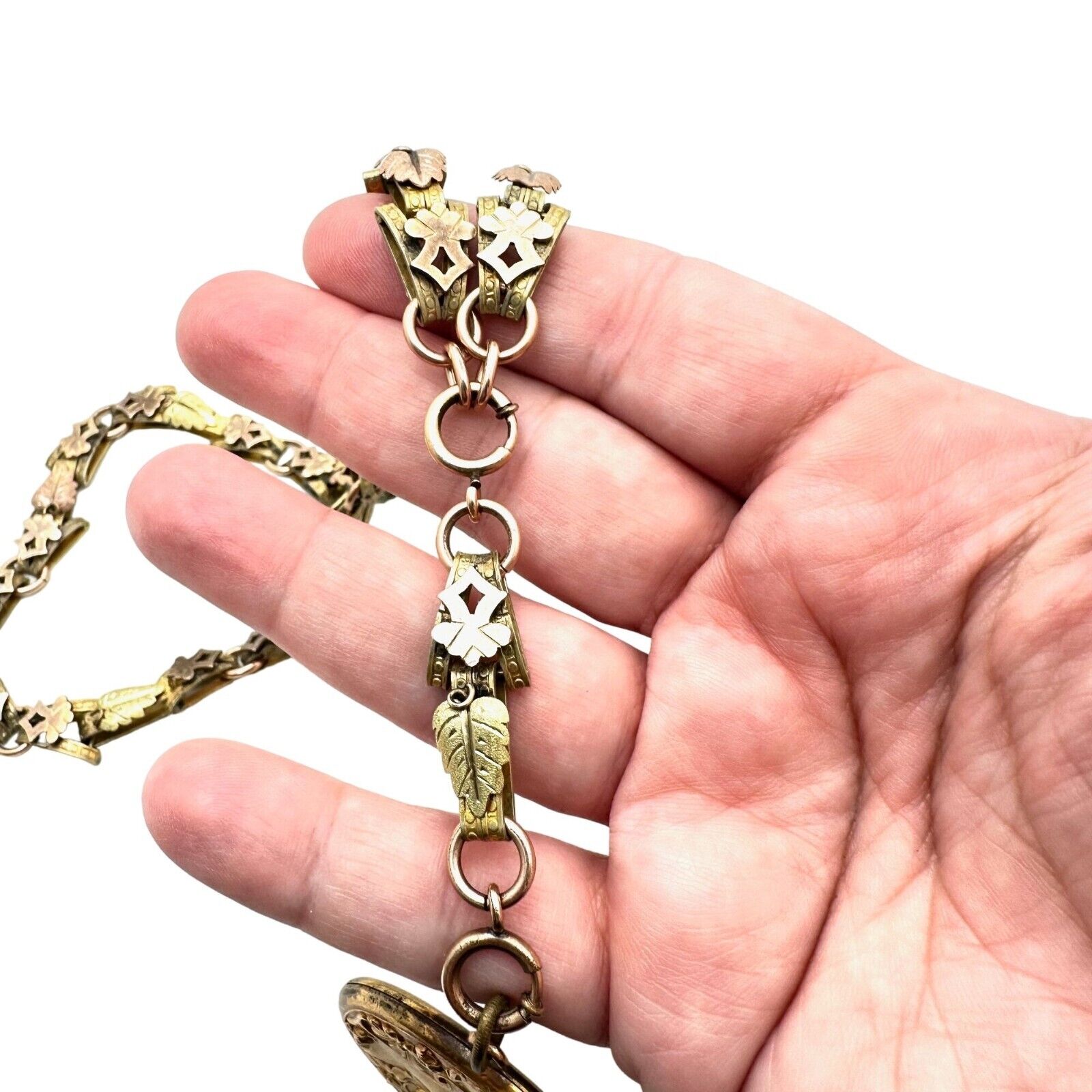 Antique Victorian Womens Necklace Gold Filled Tri Color Book Chain Locket 1800s