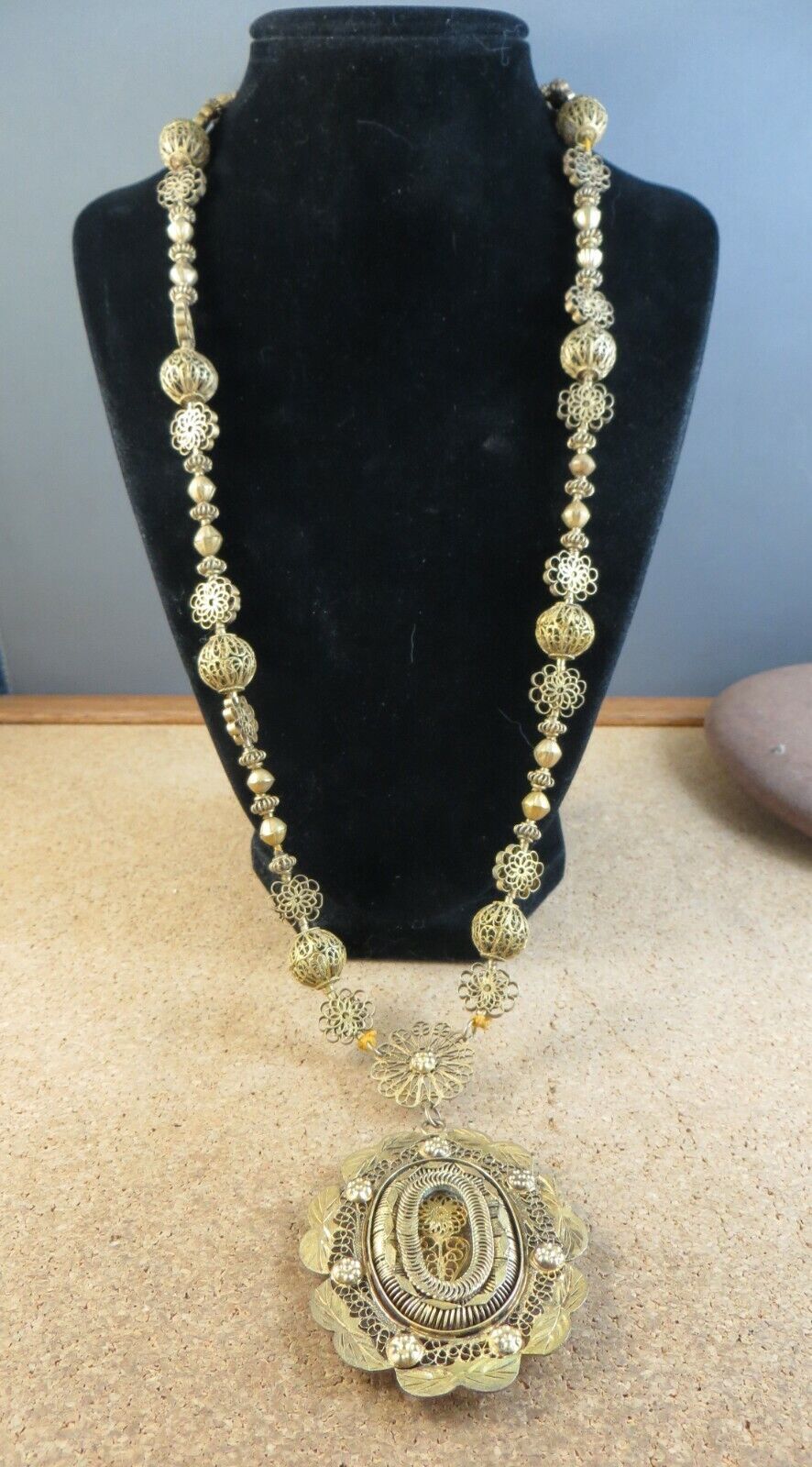 Antique 1800s Spanish Colonial Philippine Filigree Tambourine Necklace #303