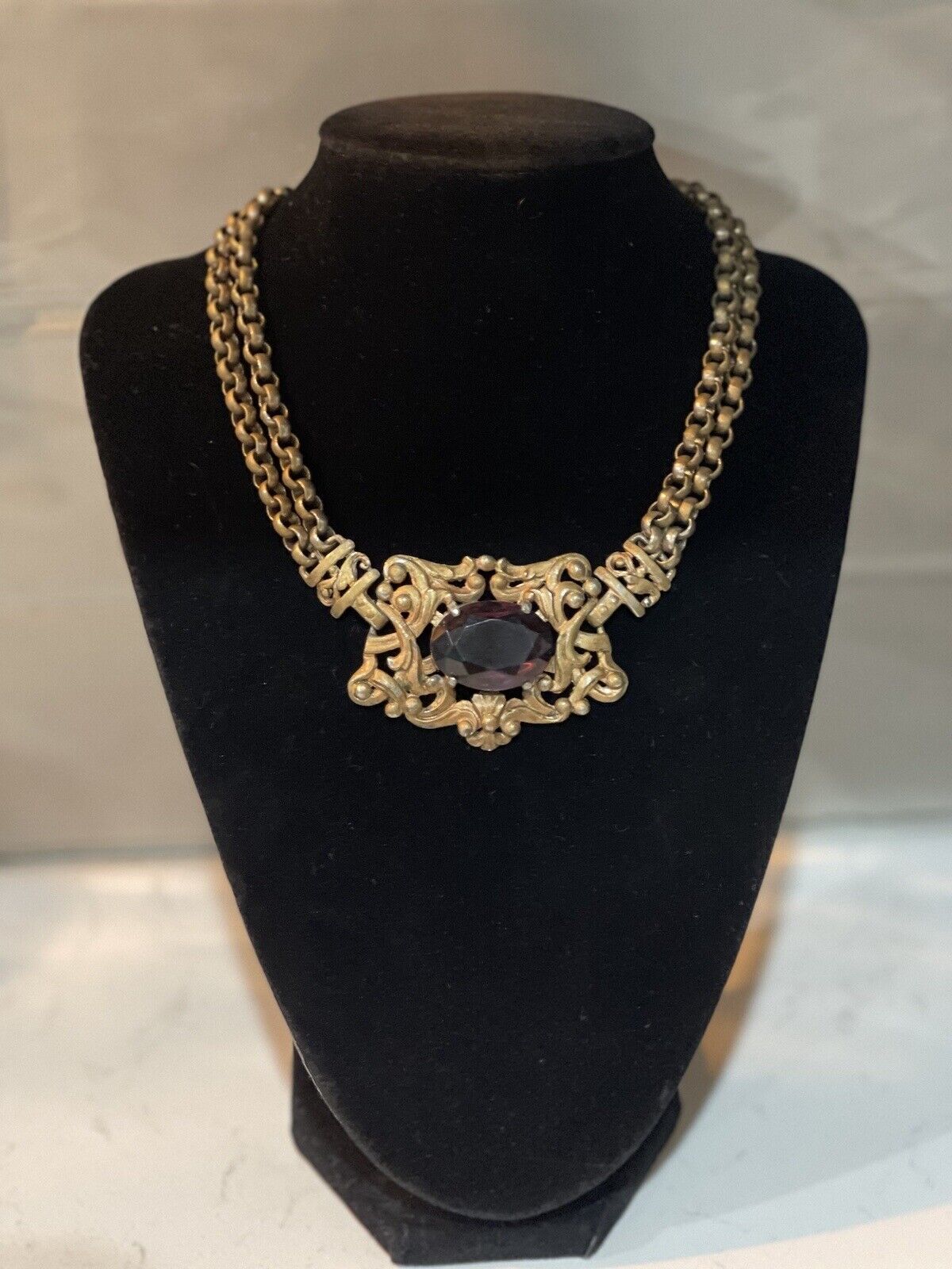 Antique Art Nouveau Edwardian Dbl Chain Necklace Amethyst Glass Oval 1900s Vtg
