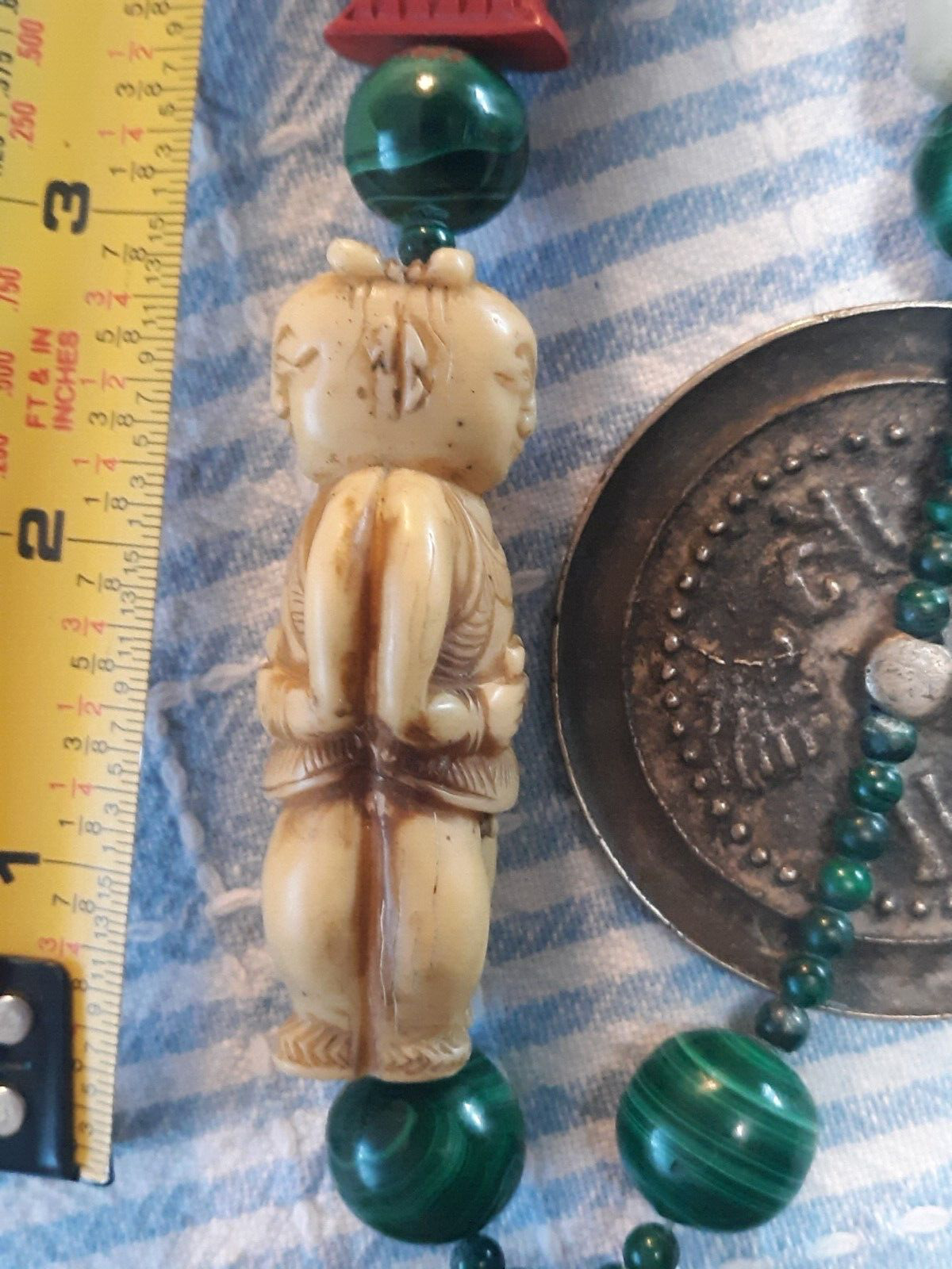 Excellent Antique Japanese Ojime Bead Necklace 1800's, Jade. Malachite,  Lacquer