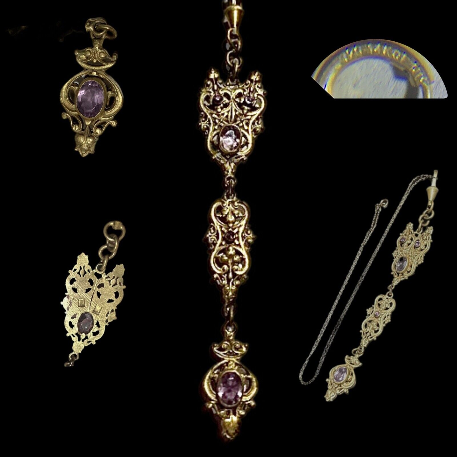 1900's ART NOUVEAU JUGENDSTIL ORNATE NECKLACE PASTE STONES 14K GF Chain