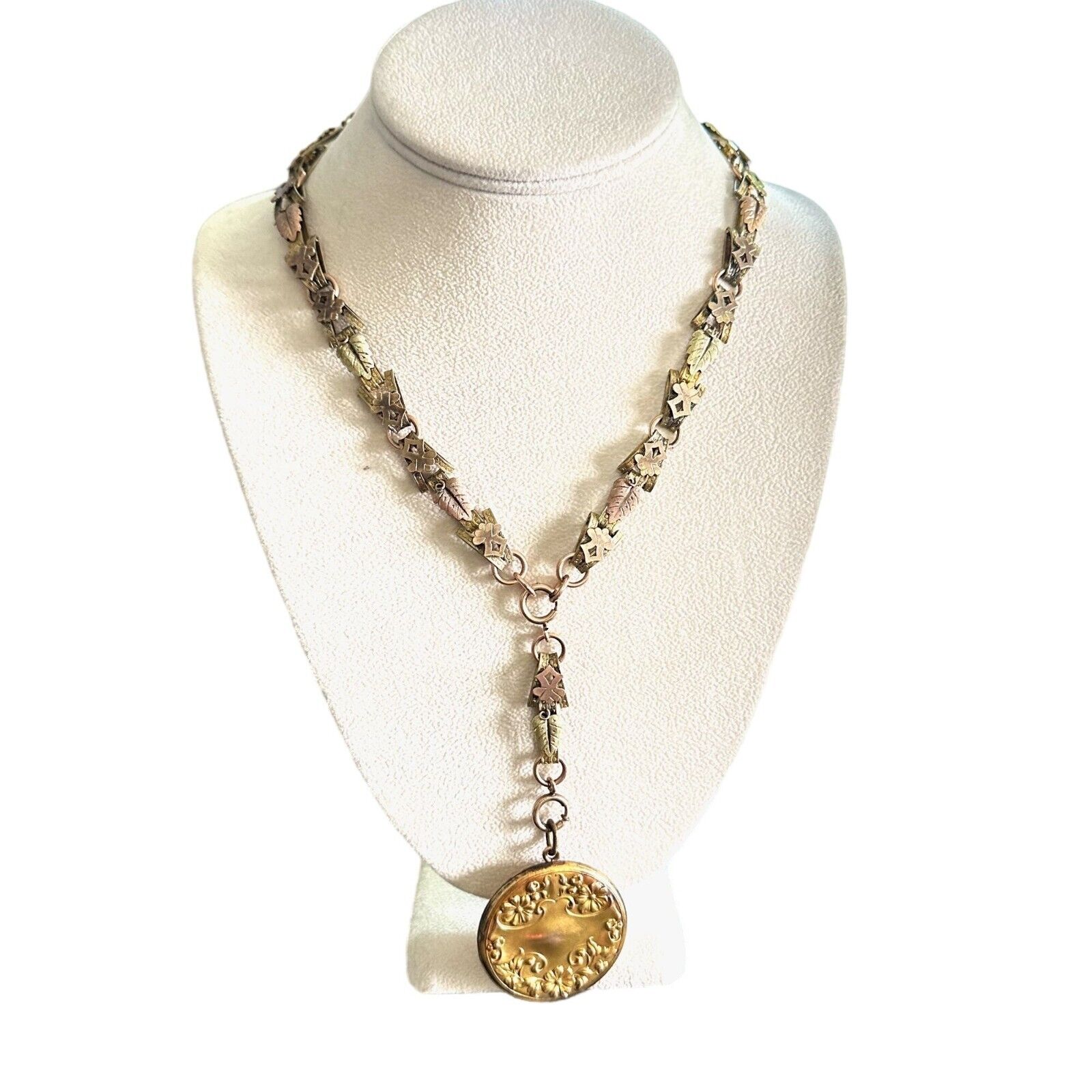 Antique Victorian Womens Necklace Gold Filled Tri Color Book Chain Locket 1800s