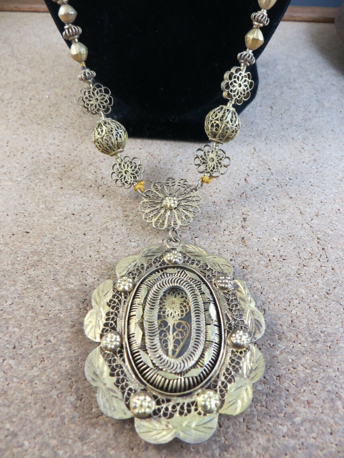 Antique 1800s Spanish Colonial Philippine Filigree Tambourine Necklace #303