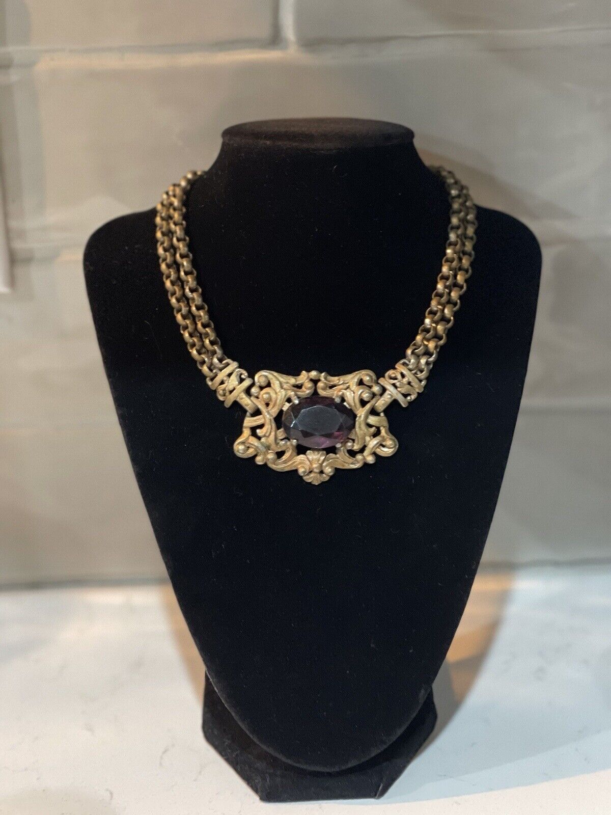 Antique Art Nouveau Edwardian Dbl Chain Necklace Amethyst Glass Oval 1900s Vtg