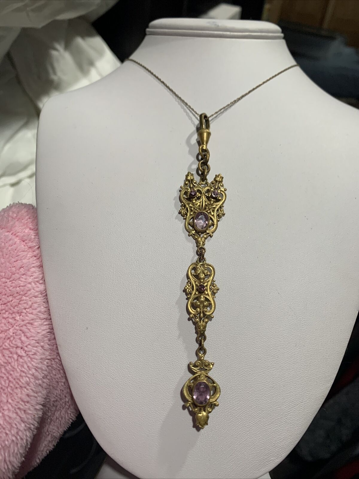 1900's ART NOUVEAU JUGENDSTIL ORNATE NECKLACE PASTE STONES 14K GF Chain