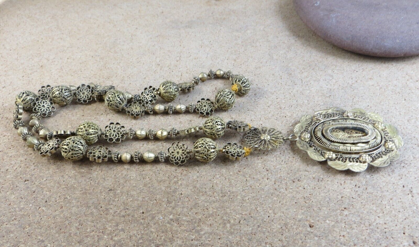 Antique 1800s Spanish Colonial Philippine Filigree Tambourine Necklace #303