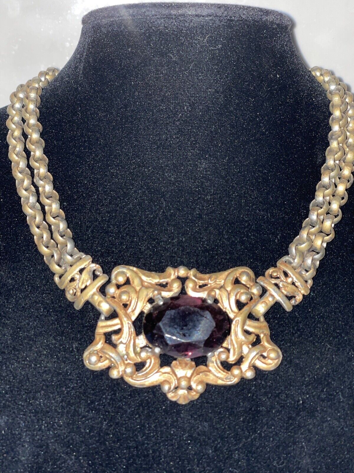 Antique Art Nouveau Edwardian Dbl Chain Necklace Amethyst Glass Oval 1900s Vtg