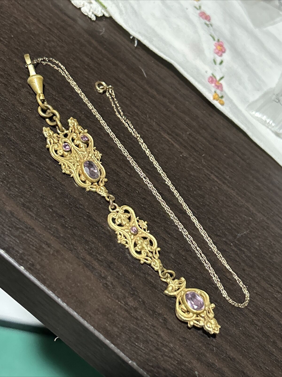 1900's ART NOUVEAU JUGENDSTIL ORNATE NECKLACE PASTE STONES 14K GF Chain