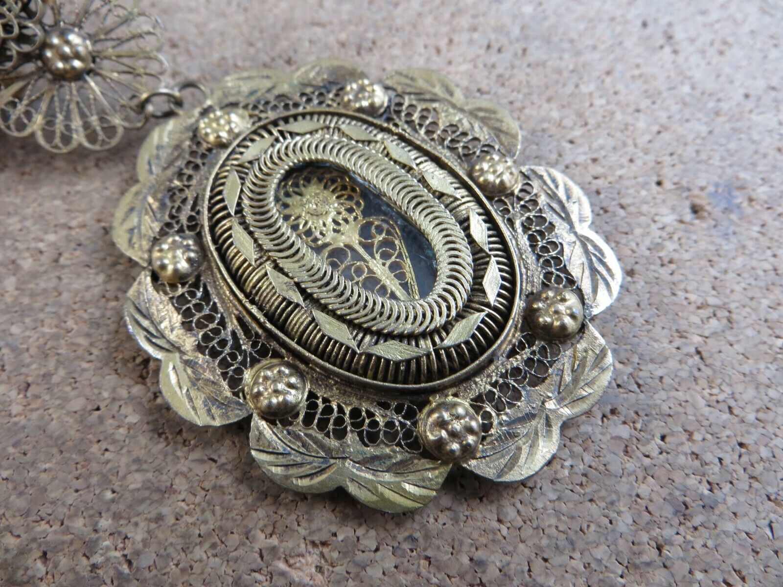 Antique 1800s Spanish Colonial Philippine Filigree Tambourine Necklace #303