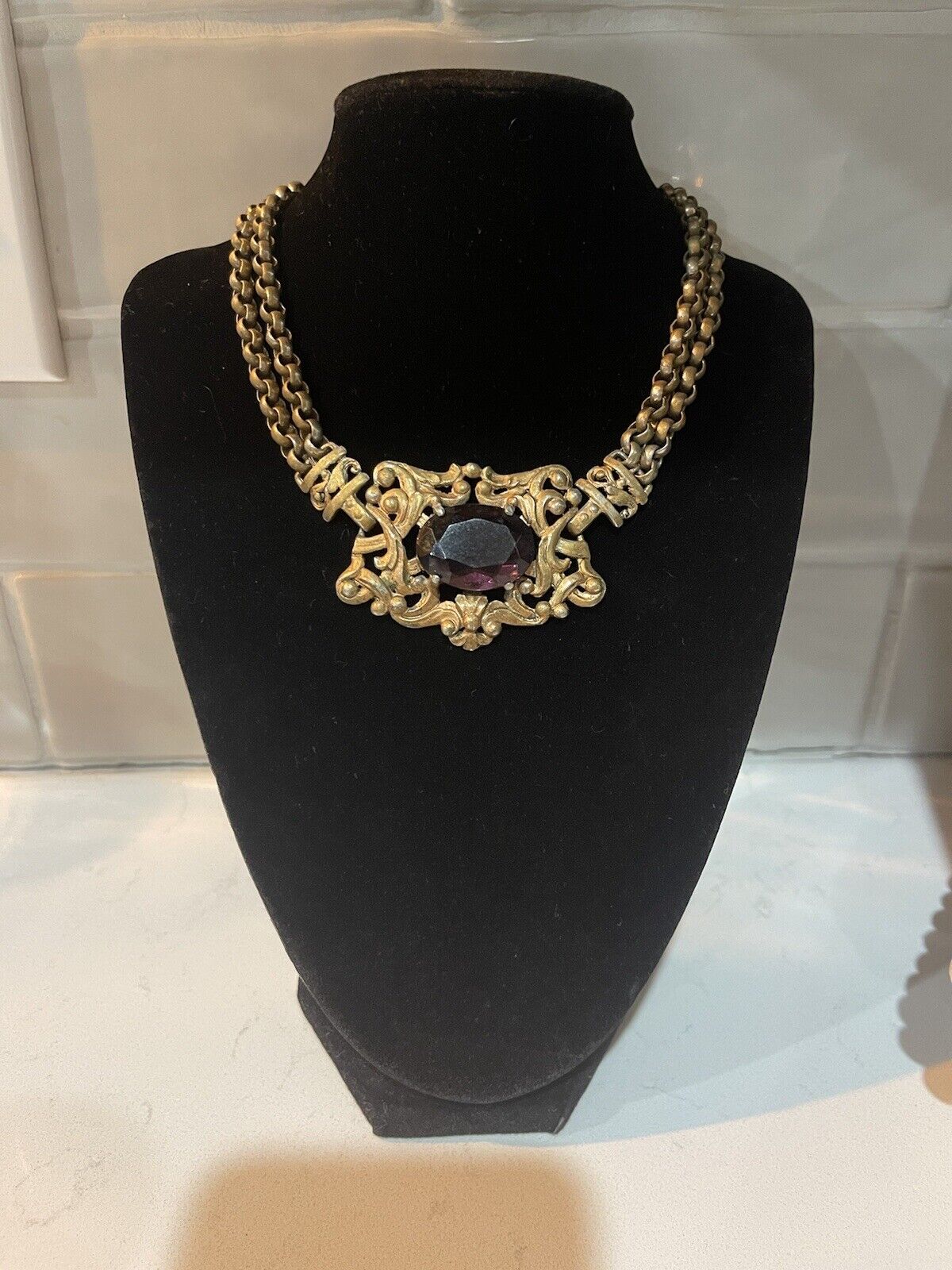 Antique Art Nouveau Edwardian Dbl Chain Necklace Amethyst Glass Oval 1900s Vtg