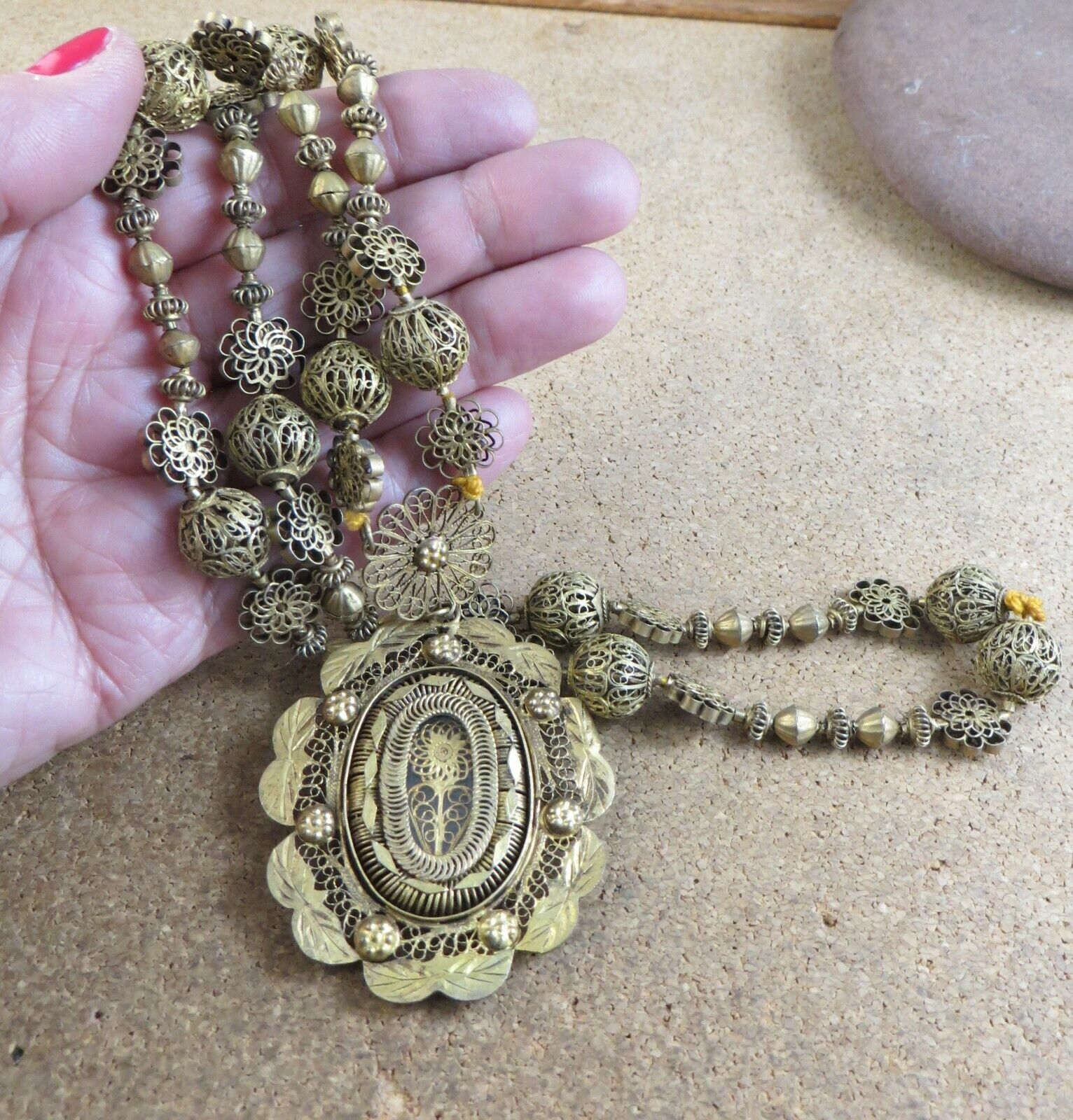 Antique 1800s Spanish Colonial Philippine Filigree Tambourine Necklace #303
