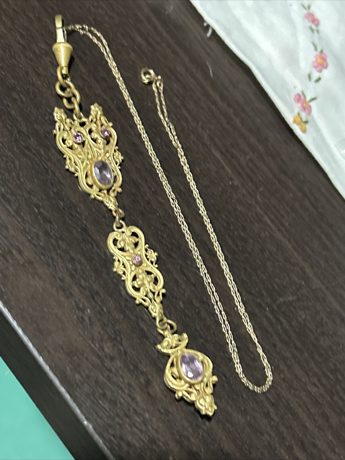 1900's ART NOUVEAU JUGENDSTIL ORNATE NECKLACE PASTE STONES 14K GF Chain