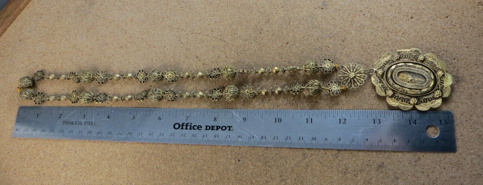 Antique 1800s Spanish Colonial Philippine Filigree Tambourine Necklace #303