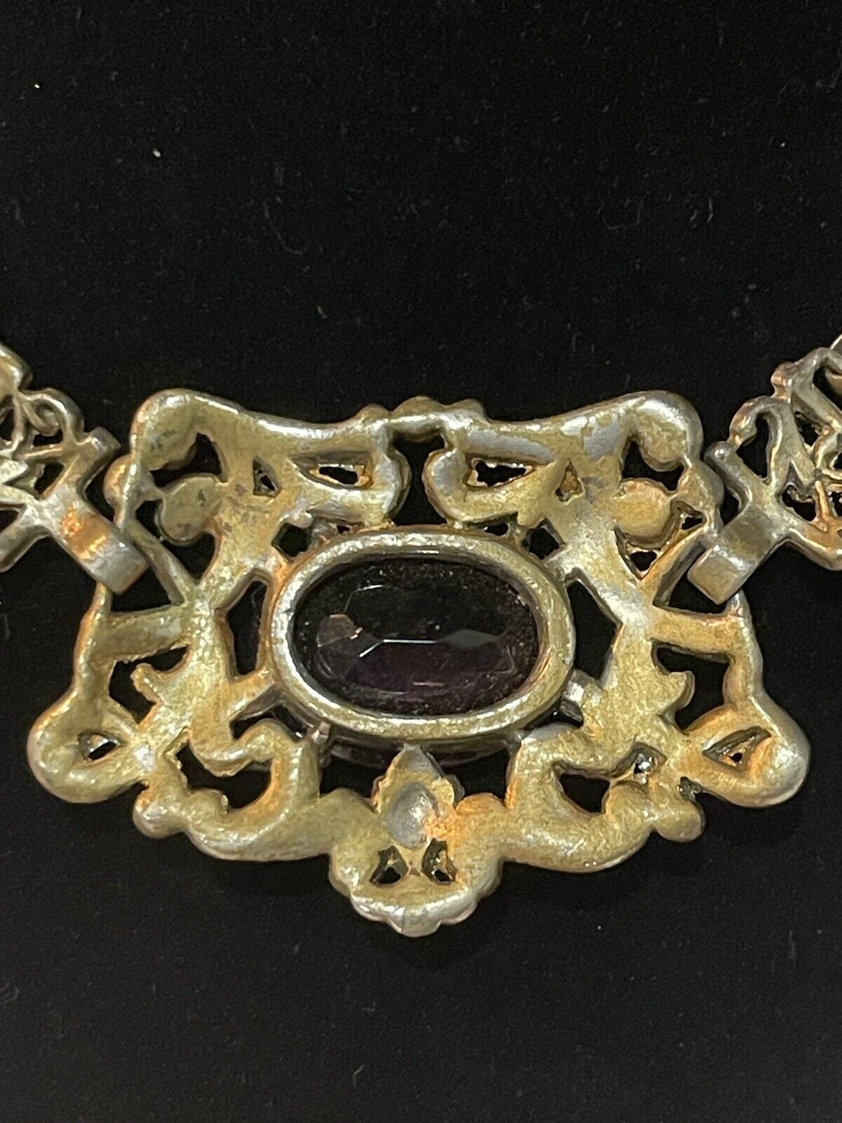 Antique Art Nouveau Edwardian Dbl Chain Necklace Amethyst Glass Oval 1900s Vtg