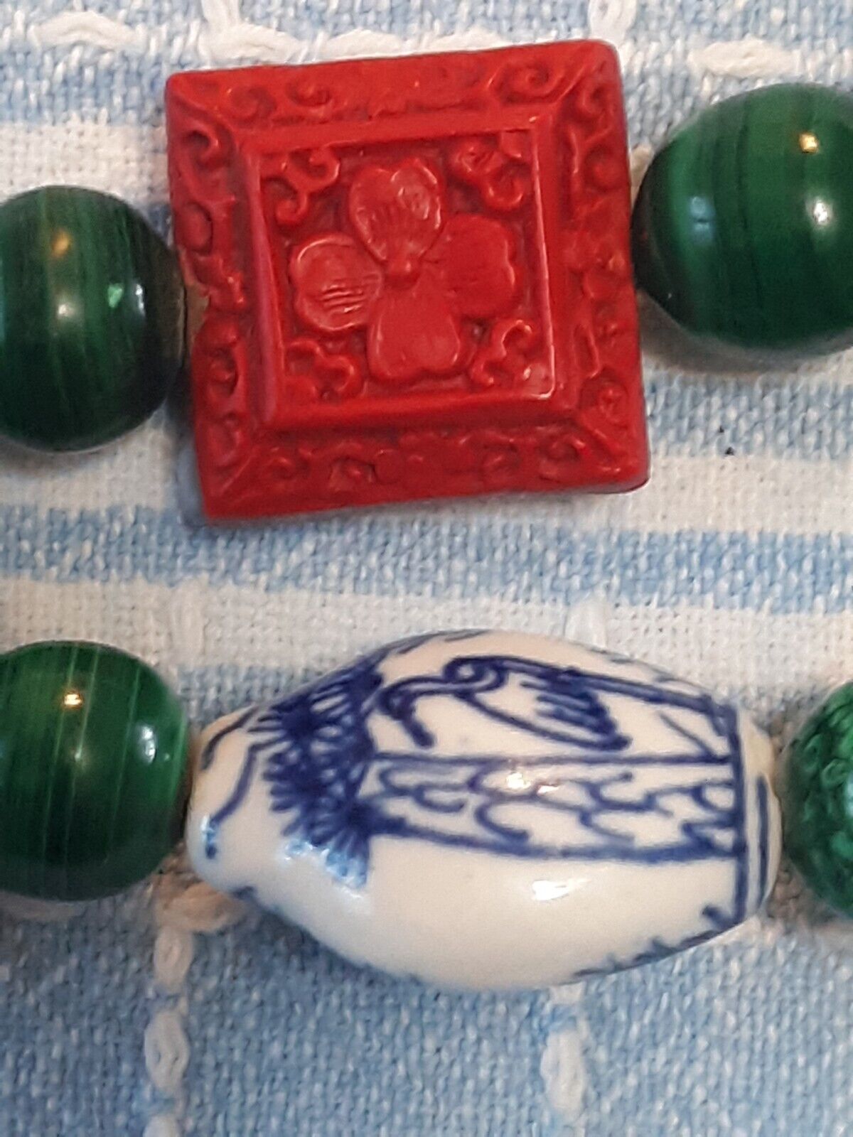 Excellent Antique Japanese Ojime Bead Necklace 1800's, Jade. Malachite,  Lacquer