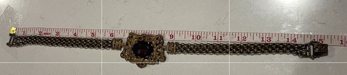 Antique Art Nouveau Edwardian Dbl Chain Necklace Amethyst Glass Oval 1900s Vtg