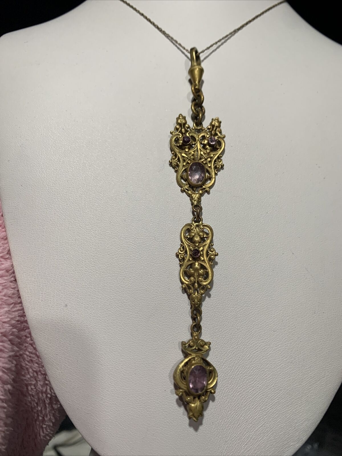 1900's ART NOUVEAU JUGENDSTIL ORNATE NECKLACE PASTE STONES 14K GF Chain