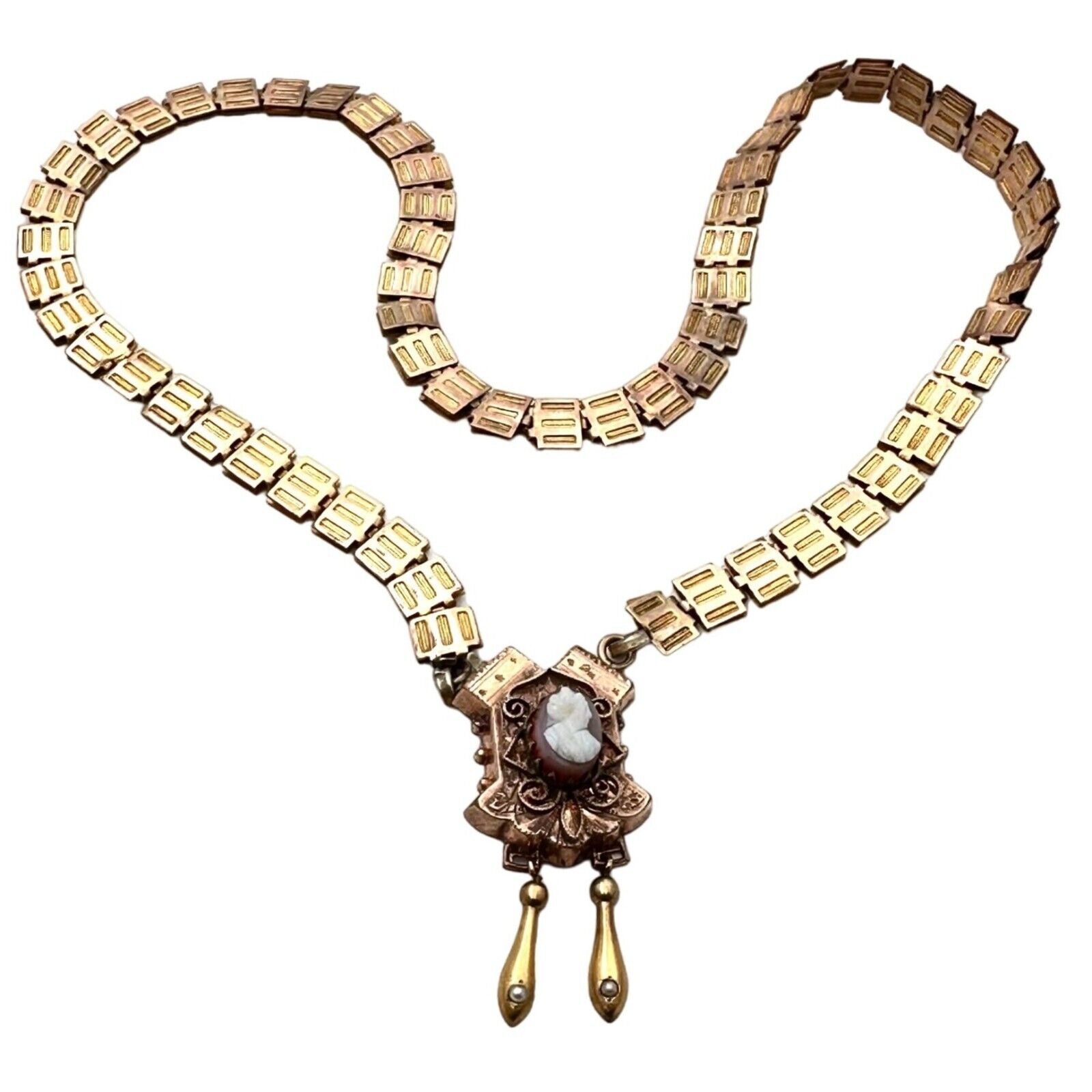 Antique Victorian Womens Necklace Gold Filled Book Chain Cameo Pendant 1800s