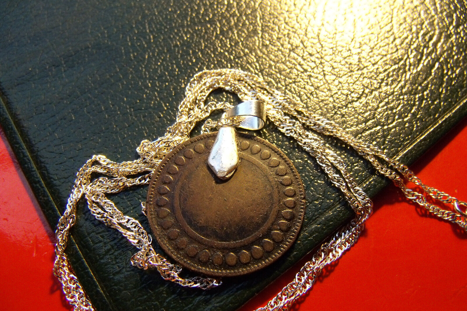 25mm Middle Eastern Bronze 1800's Antique Coin Pendant w 28" Silver Wave chain