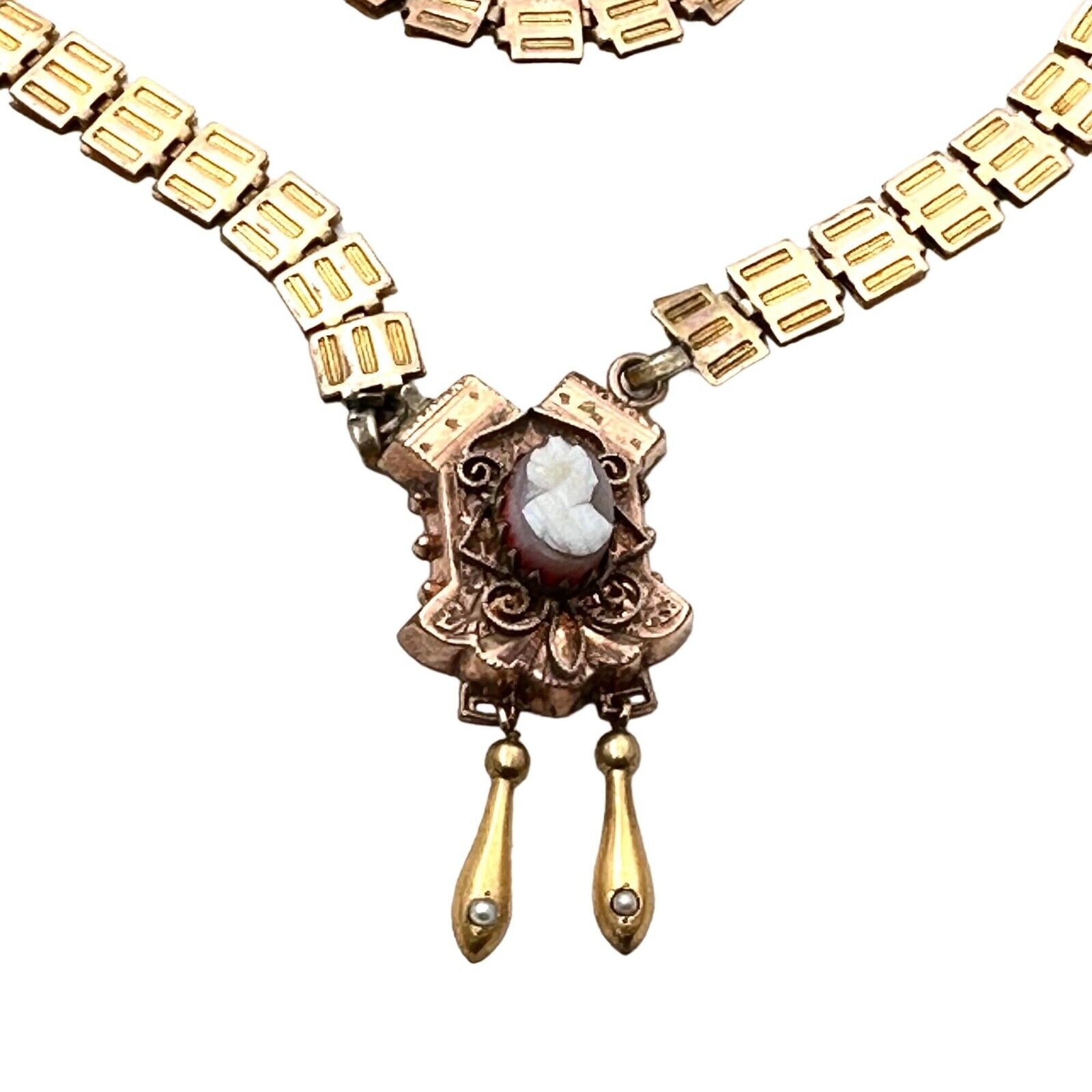 Antique Victorian Womens Necklace Gold Filled Book Chain Cameo Pendant 1800s
