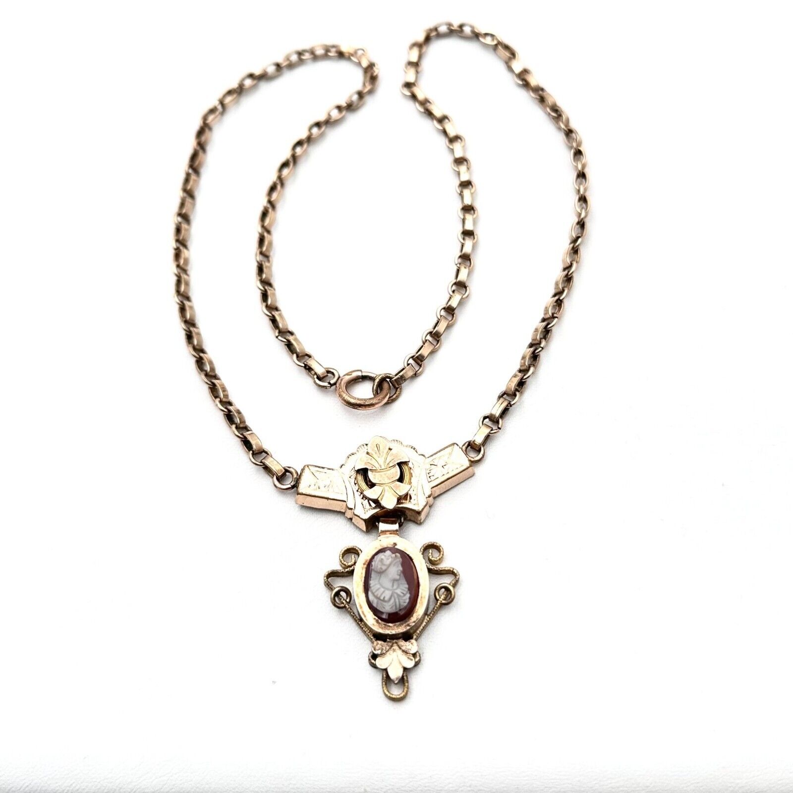 Antique Victorian Womens Necklace Gold Filled Carved Cameo Pendant 1800s