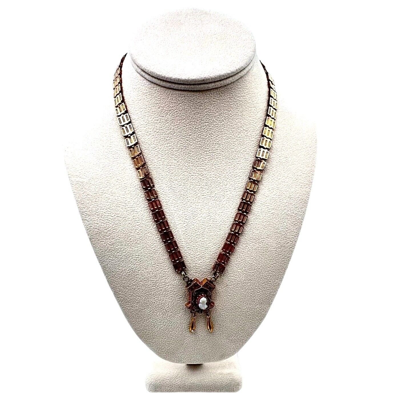 Antique Victorian Womens Necklace Gold Filled Book Chain Cameo Pendant 1800s