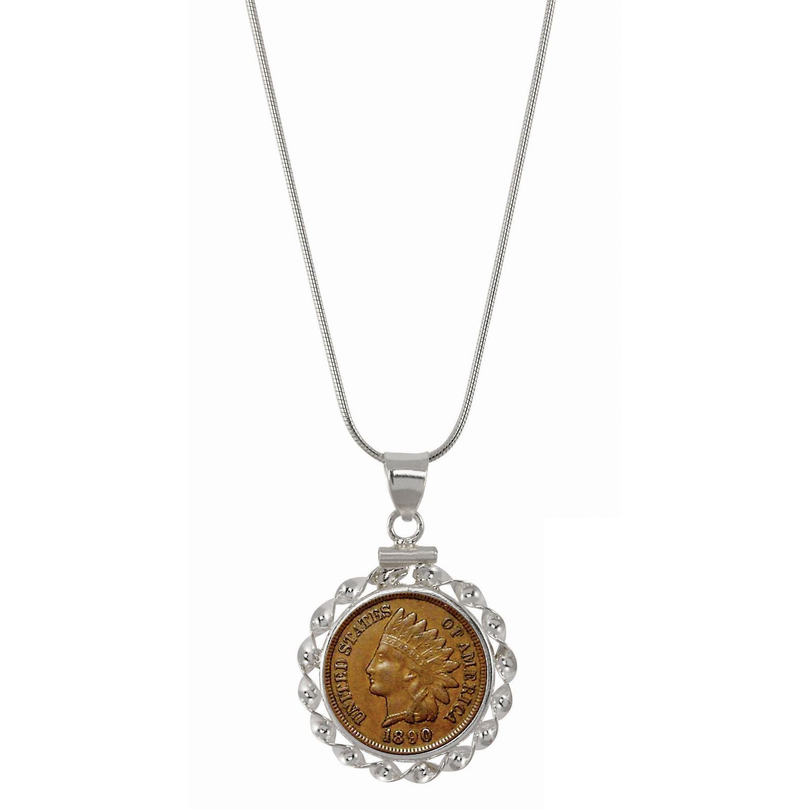 NEW Sterling Silver Ribbon Style Necklace with Genuine 1800's Indian Penny 13501