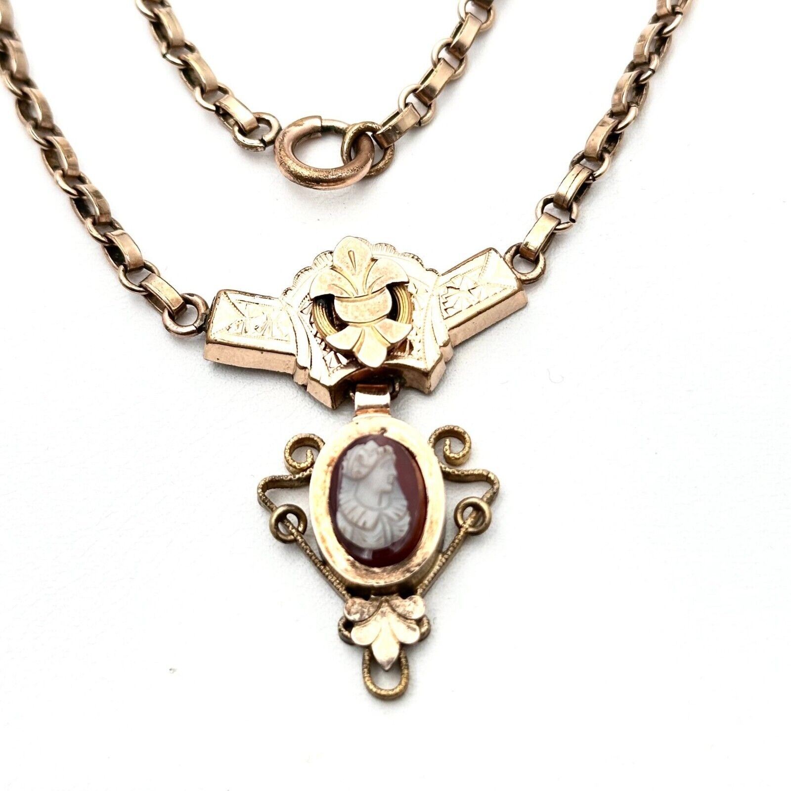 Antique Victorian Womens Necklace Gold Filled Carved Cameo Pendant 1800s