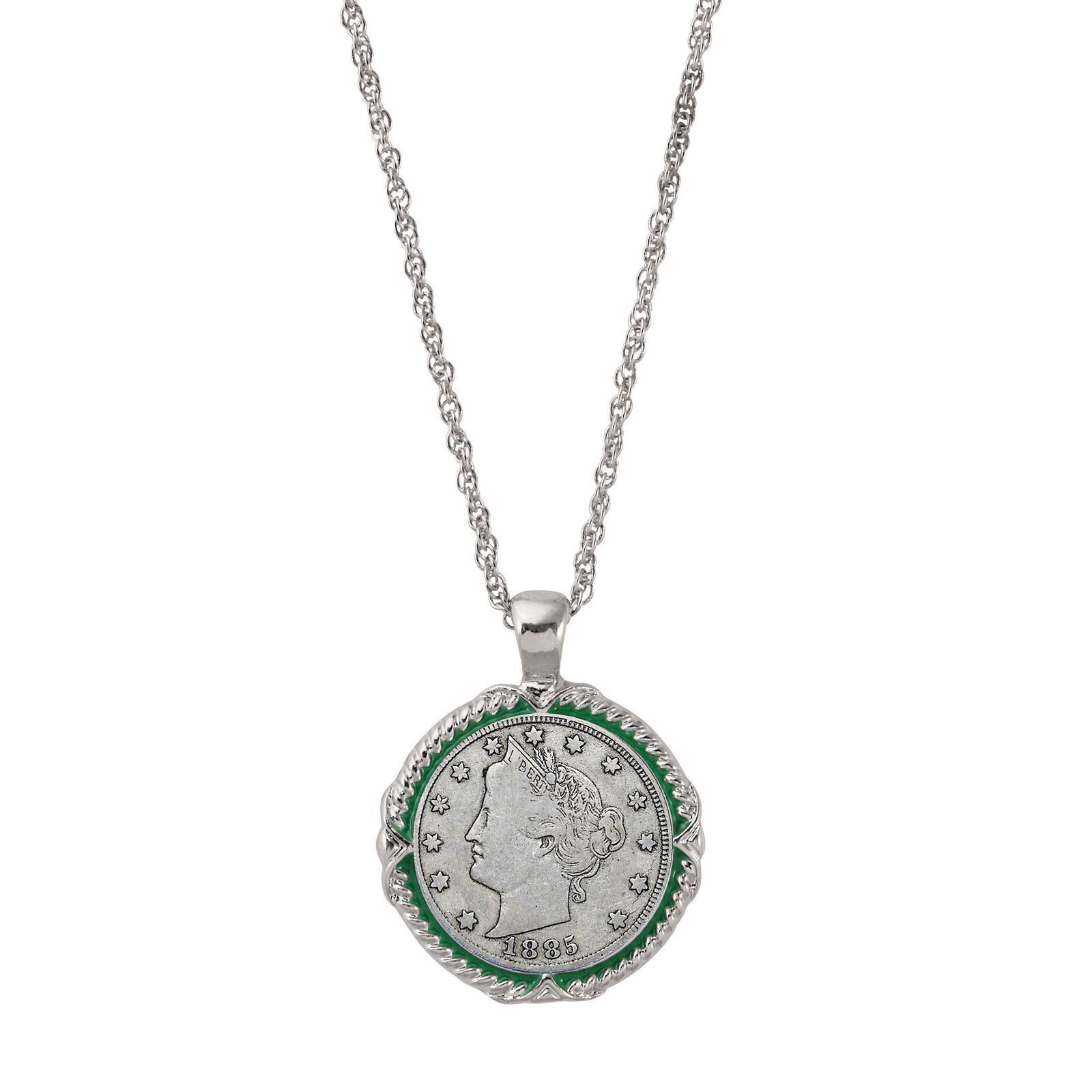 NEW 1800's Liberty Nickel Green Enamel Coin Pendant Necklace 14133
