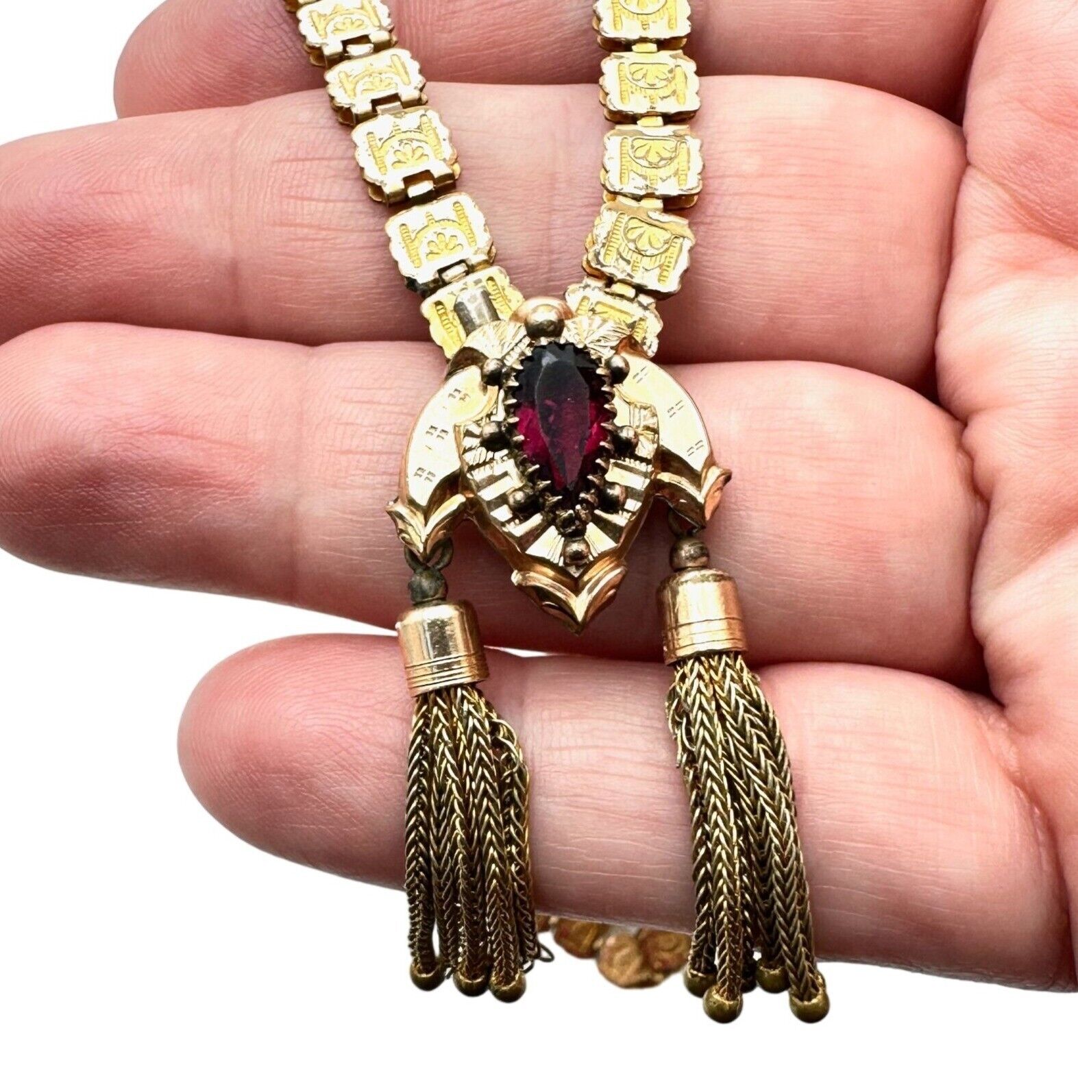 Antique Victorian Womens Necklace Gold Filled Book Chain Red Stone Pendant 1800s