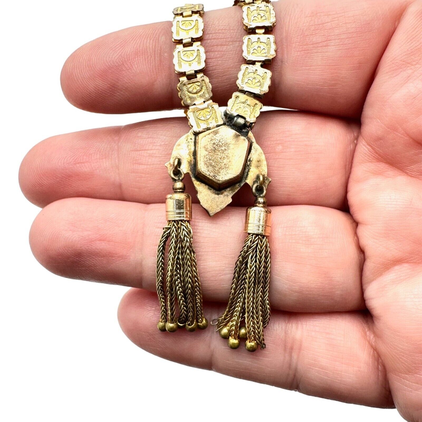 Antique Victorian Womens Necklace Gold Filled Book Chain Red Stone Pendant 1800s