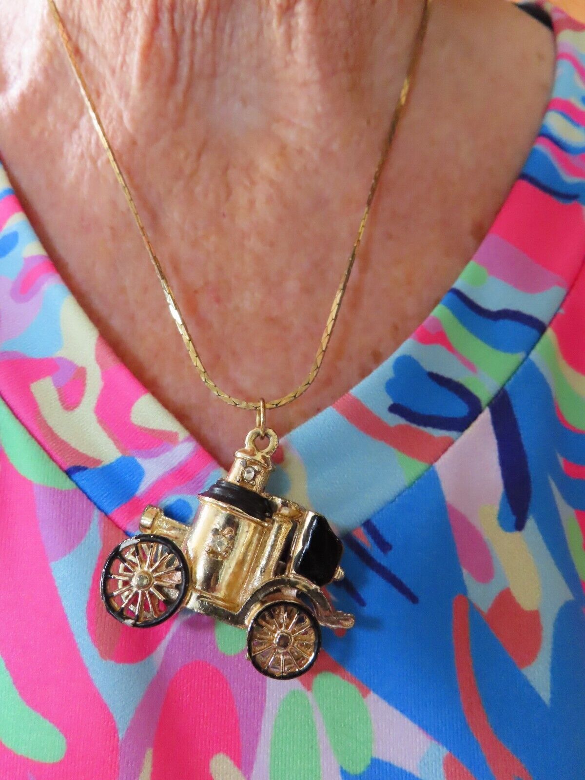 Vintage 1800's Fire Truck Necklace on Cobra Chain 1960's Example
