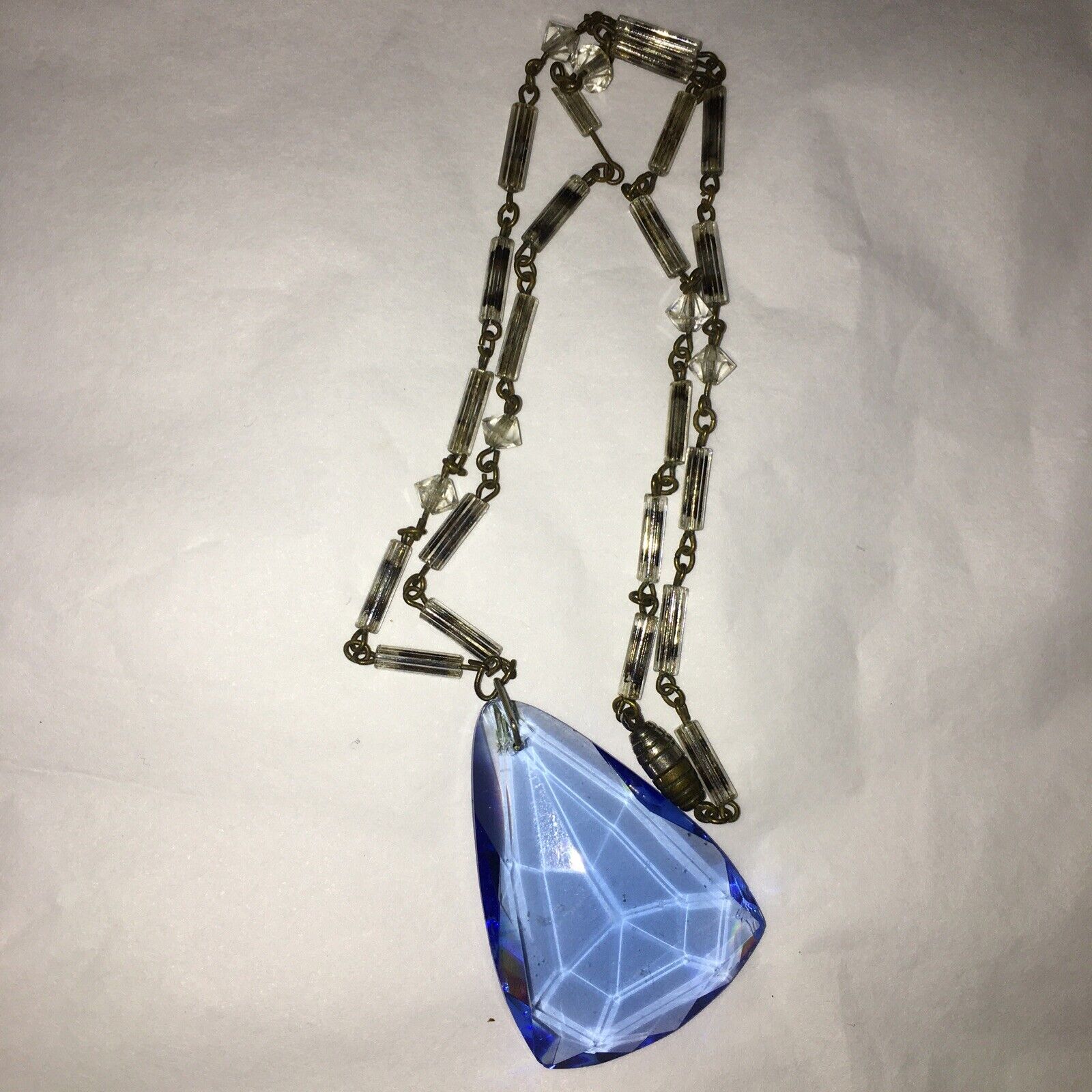 RARE ANTIQUE VICTORIAN 1800'S BLUE GLASS PRISM FACETED HEART NECKLACE