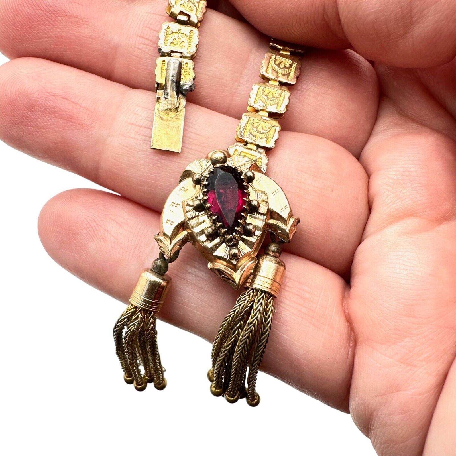 Antique Victorian Womens Necklace Gold Filled Book Chain Red Stone Pendant 1800s