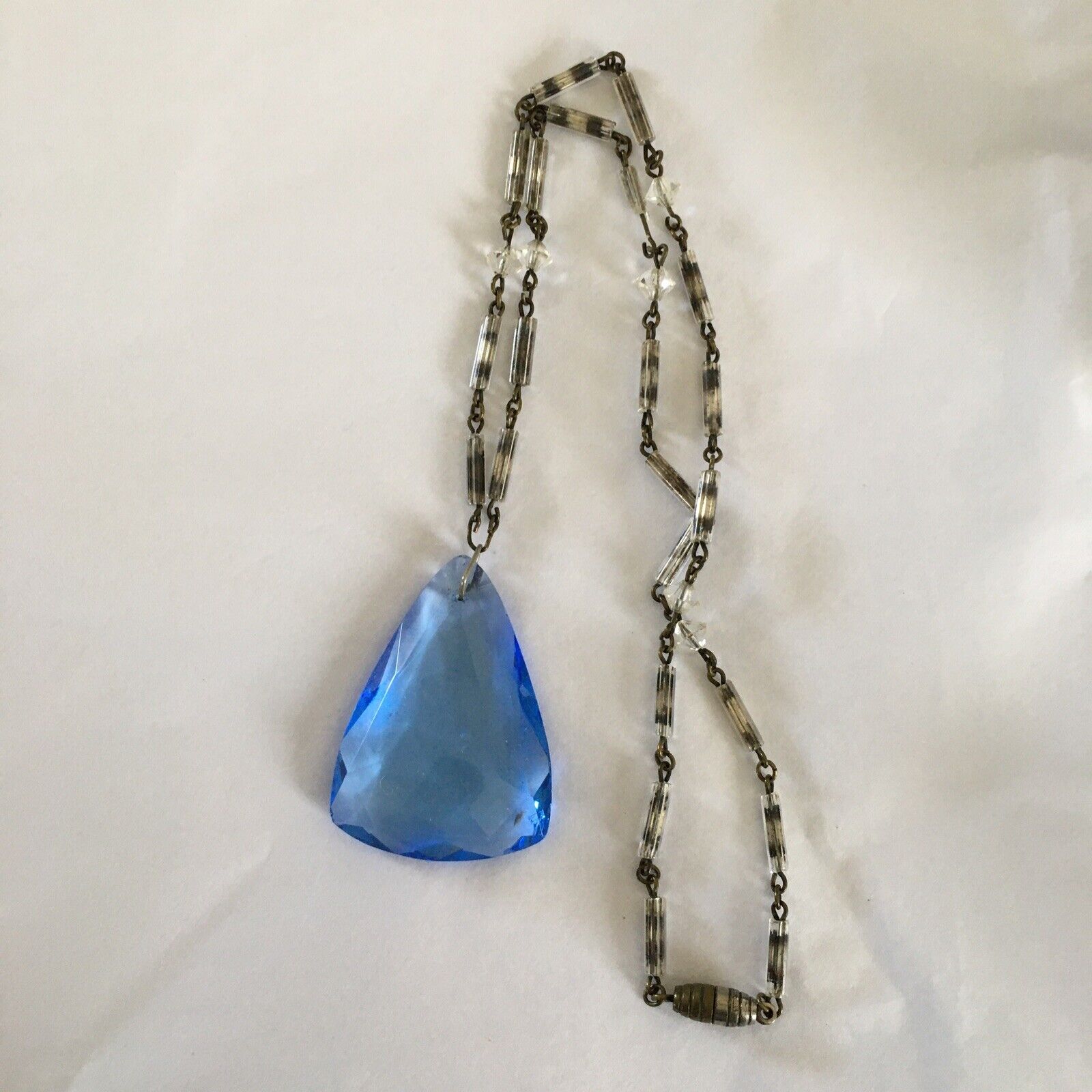RARE ANTIQUE VICTORIAN 1800'S BLUE GLASS PRISM FACETED HEART NECKLACE