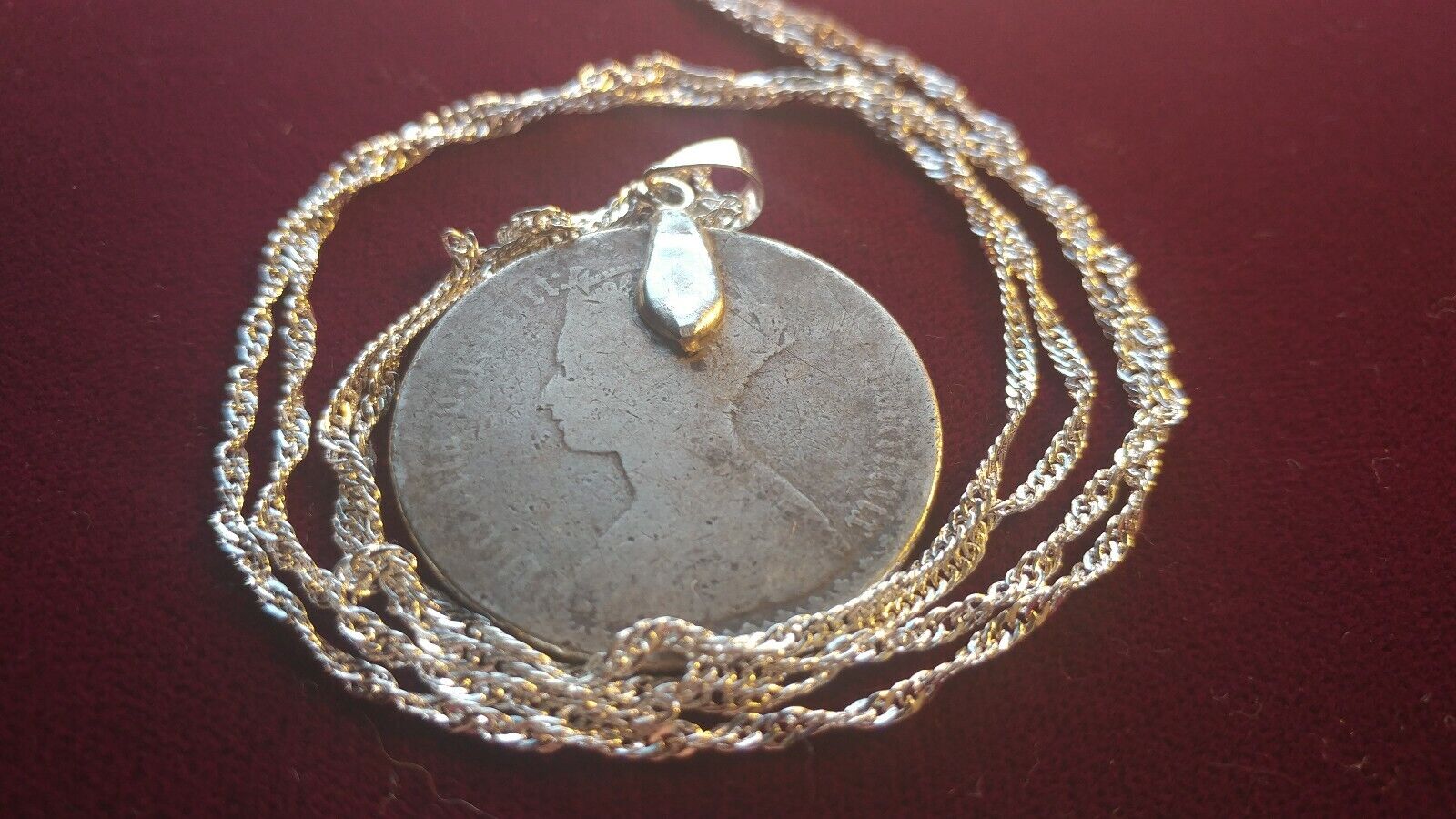 Late 1800s UK Victorian 925 Silver Florin Pendant on a 28" 925 Silver Wavy Chain
