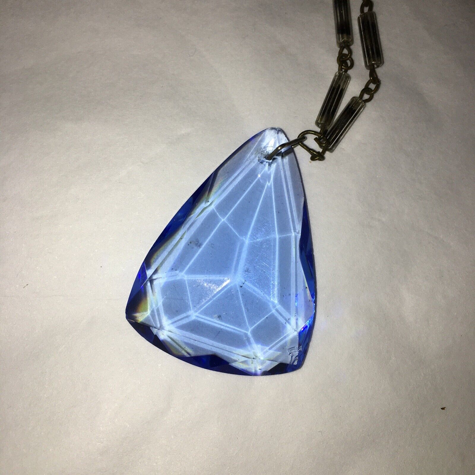 RARE ANTIQUE VICTORIAN 1800'S BLUE GLASS PRISM FACETED HEART NECKLACE