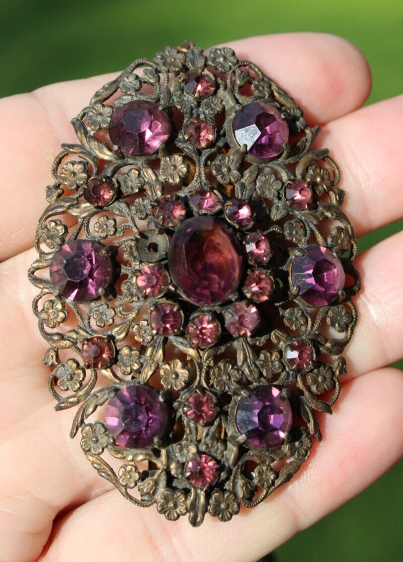 antique VICTORIAN late 1800's PENDANT shoe clip amethyst brass ESTATE SALE!