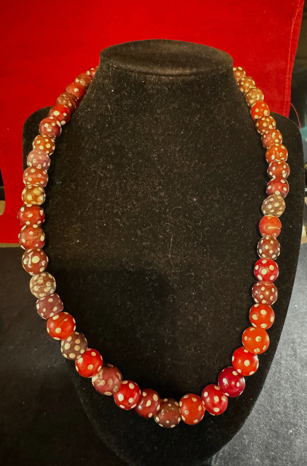1800's Antique Red and white beaded necklace on rope, Fur trading beads