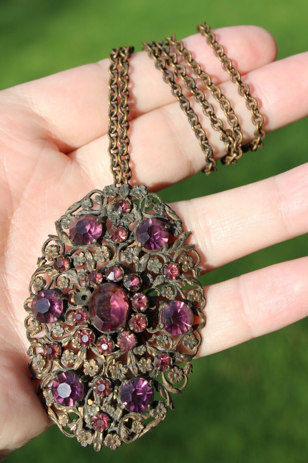 antique VICTORIAN late 1800's PENDANT shoe clip amethyst brass ESTATE SALE!