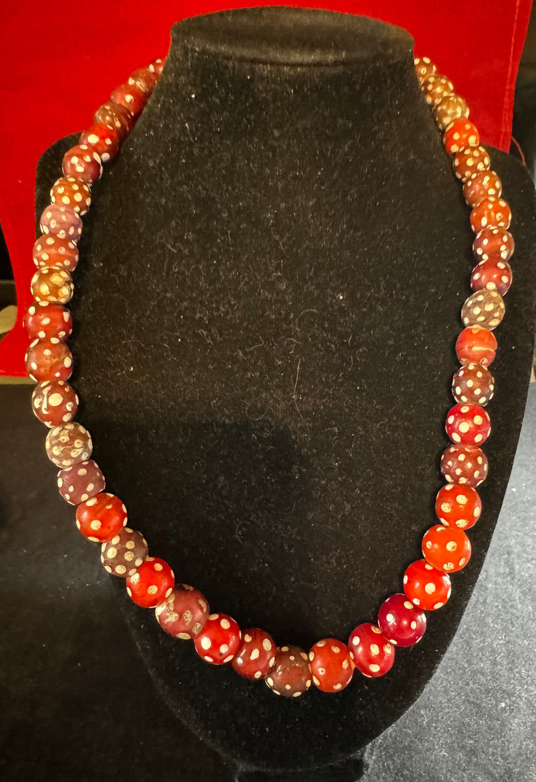 1800's Antique Red and white beaded necklace on rope, Fur trading beads